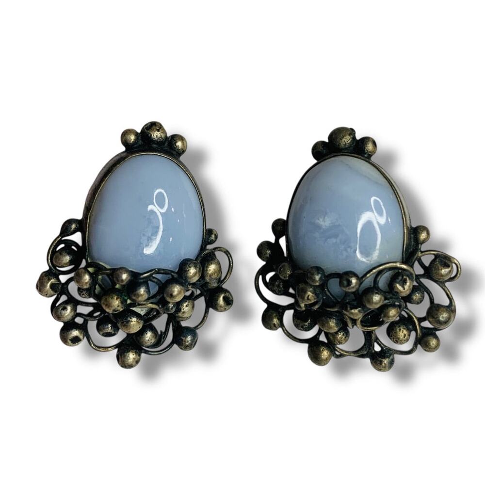 Sterling Silver Vintage Screwback Clip-On Earrings Blue Glass 1.5 Inch